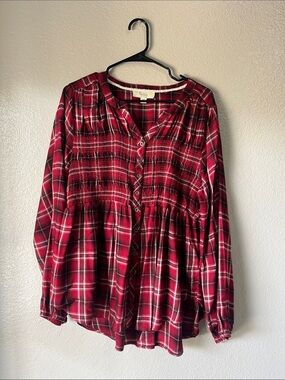 Westbound Red Black Plaid Smocked Button-Down Blouse Sz 1X Casual Summer TC0159